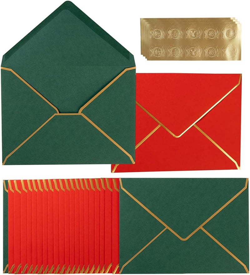 Homtable 100 Pack Christmas A7 Envelopes 5x7 Envelopes Green Red with Gold Border for Office, Wedding Gift Cards, Invitations, Graduation, Baby Shower, Parties, 5.32 x 7.28 Inches - Image 1
